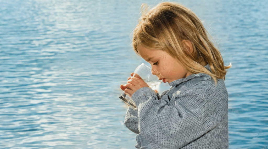 Jong kind met blond haar drinkt veilig water uit een glas bij een meer; illustratie voor artikelen over drinkwaterveiligheid voor kinderen op vakantie.